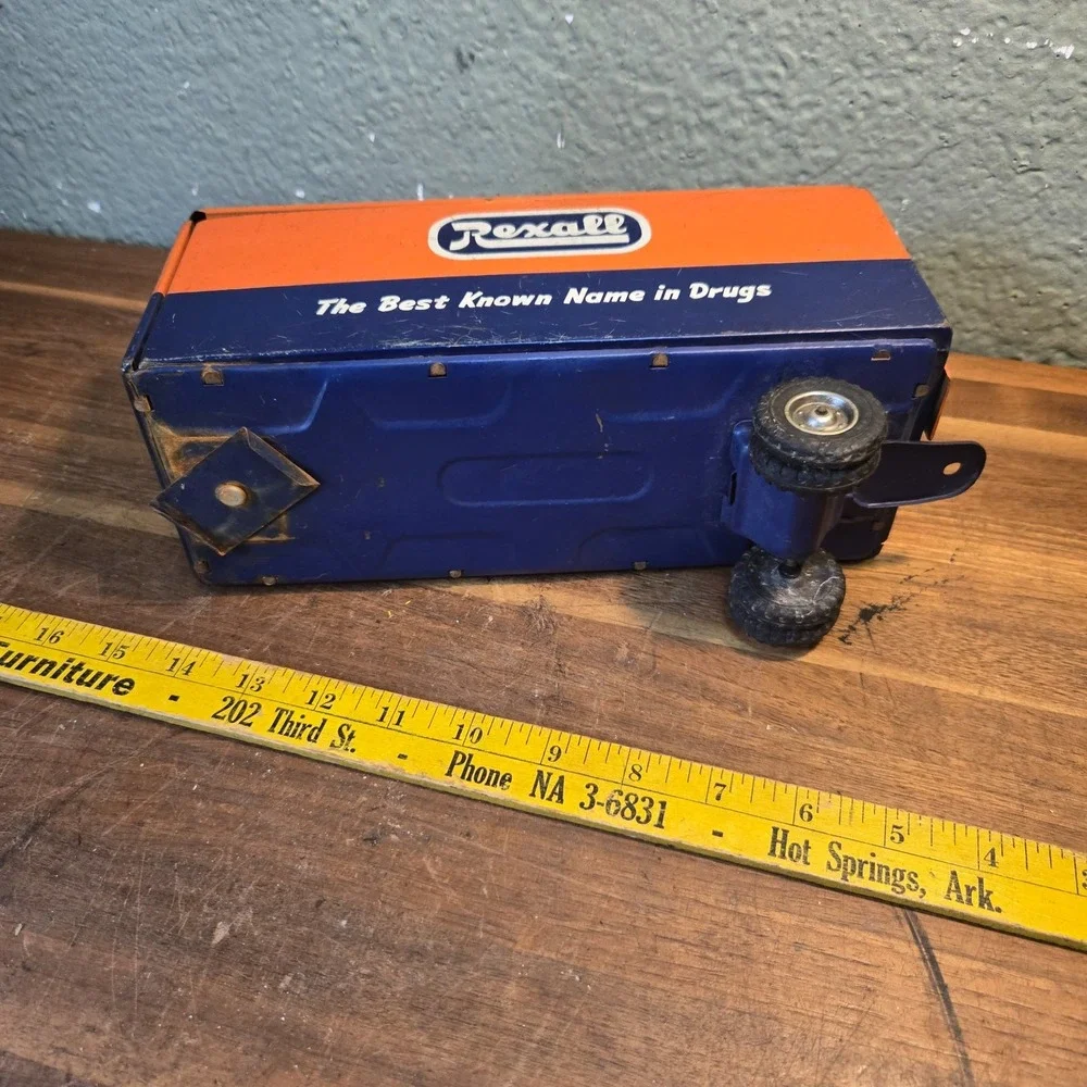 vtg 50s Pressed Tin Litho Rexall Truck Toy Trailer drug store advertising read